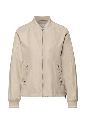 Veste bomber beige clair avec fermeture éclair à l'avant, deux poches à rabat avec boutons-pression, col, poignets et ourlet côtelés.
