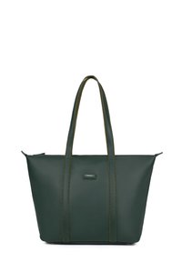 Borsa a tote verde realizzata in materiale sintetico con doppi manici superiori, caratterizzata da una cucitura a contrasto e un piccolo logo sul davanti.