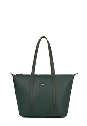 Borsa a tote verde realizzata in materiale sintetico con doppi manici superiori, caratterizzata da una cucitura a contrasto e un piccolo logo sul davanti.