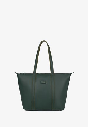 Groene draagtas gemaakt van synthetisch materiaal met dubbele handgrepen aan de bovenkant, met contrasterende stiksels en een klein logo op de voorkant.