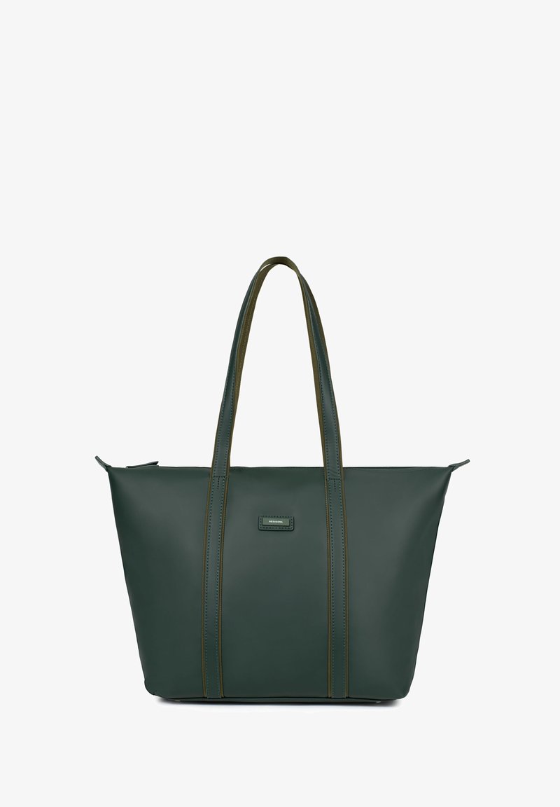 Borsa a tote verde realizzata in materiale sintetico con doppi manici superiori, caratterizzata da una cucitura a contrasto e un piccolo logo sul davanti.