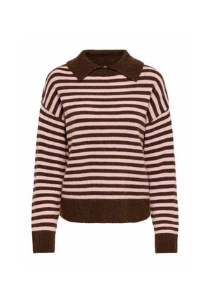 Pull à manches longues rayé horizontalement marron et rose avec col marron plié et poignets et ourlet côtelés