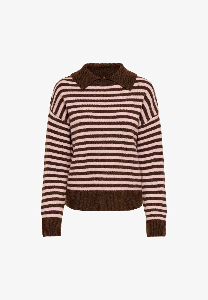 Pull à manches longues rayé horizontalement marron et rose avec col marron plié et poignets et ourlet côtelés