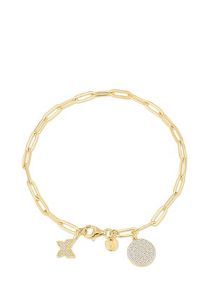 Armband aus goldfarbenem Metall mit länglichen Gliedern, ausgestattet mit einem Sternanhänger und einem runden Anhänger, der mit klaren Kristallen besetzt ist. Verschluss mit Karabiner.