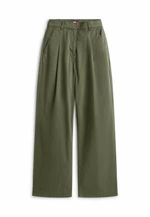 Olijfgroene wijde broek van glad katoen, met voorplooien, zijzakken en een standaard taillezak met een etiket aan de achterkant.