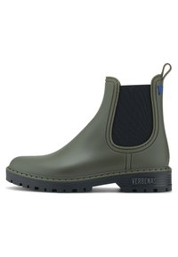 Stivale alla caviglia in gomma verde con lati in elastico neri, suola texturizzata e anello posteriore. Presenta dettagli con marchio sul tallone.