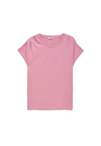 Camiseta de mujer de color rosa, de manga corta y con escote redondo, con detalle doblado en el hombro izquierdo, mostrada sobre un fondo blanco.