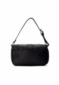 Bolso de mano de cuero negro con un diseño estructurado, que presenta un asa superior y acentos decorativos de tachuelas plateadas a lo largo de la costura superior.