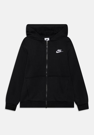 Sweatshirt preto com fecho frontal, bolso frontal, punhos e bainha canelados. Apresenta o logo branco da Nike no lado esquerdo do peito. Textura de tecido suave.