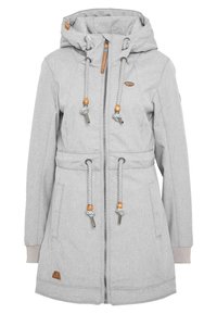 Light gray hooded jacket with a zip closure, drawstring waist and hood, featuring wooden accents and ribbed cuffs. Two front pockets.