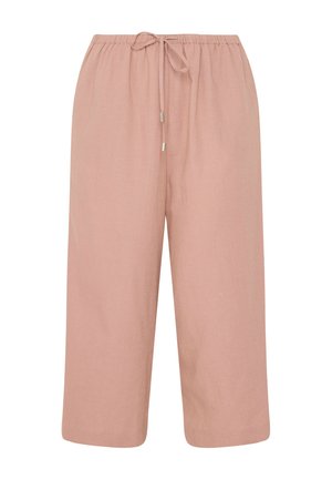 Losse, enkellange broek in stoffig roze met elastische tailleband en verstelbare trekkoordsluiting aan de voorkant.