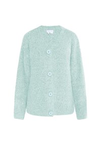 Cardigan lavorato a maglia verde chiaro con scollatura a V, dotato di tre grandi bottoni azzurri e maniche lunghe, realizzato in un morbido tessuto testurizzato.
