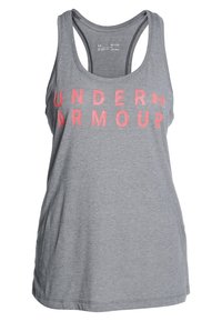 Szara koszulka na ramiączkach z okrągłym dekoltem i fasonem na plecach. Posiada wyrazisty różowy napis "UNDER ARMOUR" na przodzie. Lekkka tkanina.