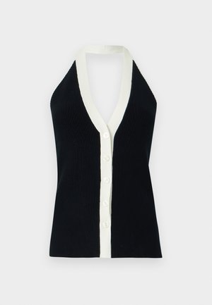 Fekete bordázott pánt nélküli felső fehér szegéllyel a mély V-nyakkivágáson és gombos elején, ujjatlan kialakítás világos háttéren.