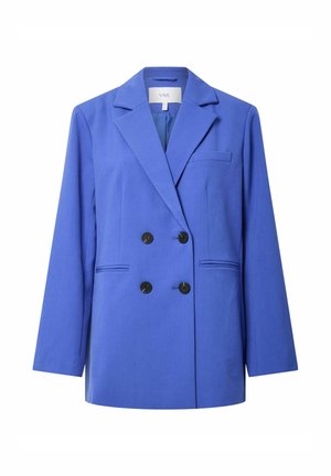 Blazer doppiopetto blu in tessuto liscio. Presenta un colletto a revers, due tasche frontali e bottoni rotondi neri. Design semplice e strutturato.