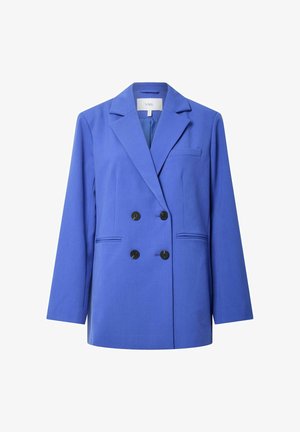 Blauwe double-breasted blazer gemaakt van gladde stof. Voorzien van een reverskraag, twee zakken aan de voorkant en zwarte ronde knopen. Eenvoudig, gestructureerd ontwerp.