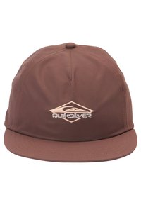Hnedá čiapka vyrobená z mäkkej látky, s plochým okrajom a predným logom Quiksilver vyšitým svetloružovou farbou. Štruktúrovaný šesťpanelový dizajn.