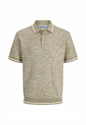Polo da uomo beige a maniche corte in maglia con motivo geometrico, abbottonatura a tre bottoni e colletto, polsini e orlo a coste con strisce bianche.