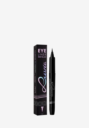 Stylo eye-liner liquide noir avec embout pinceau pointu à côté de son emballage noir portant l'étiquette "Eyeliner Deep Black Luxia".