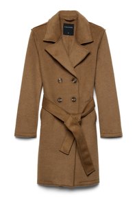 Cappotto in misto lana marrone con design doppiopetto, ampio colletto, vita con cintura e due tasche frontali. Tessuto liscio e vestibilità su misura.
