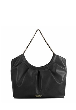 Borsa a tracolla in pelle nera con fronte plissettato e tracolla a catena dorata, piccolo logo dorato Seidenfelt Manufaktur al centro in basso.