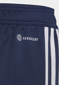 Dunkelblaue Sportshorts mit weißen vertikalen Streifen und einem weißen AEROREADY-Logo neben einem Globussymbol in der Nähe des Bundes.