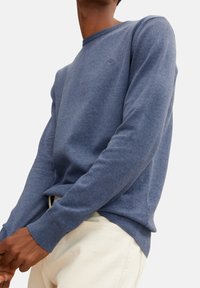 Blå bomullscrewnecktröja med långa ärmar, ribbad krage och manschetter, med en liten logotyp på bröstet och en avslappnad passform.