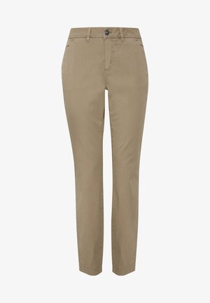 Beige chinos made of smooth cotton fabric. Features a straight-leg design, belt loops, front pockets, and a button closure.