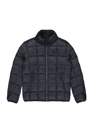 Puffy black jacket with a high collar, quilted design, front zipper, and side pockets. Features a small logo on the left chest area.