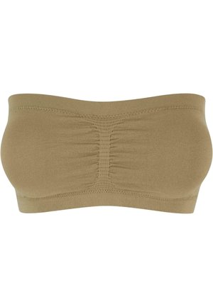 Bež nedrček bandeau, brezšiven dizajn, mehak material, z nabranim središčem in elastičnim trakom na zgornjem robu za varno prileganje.
