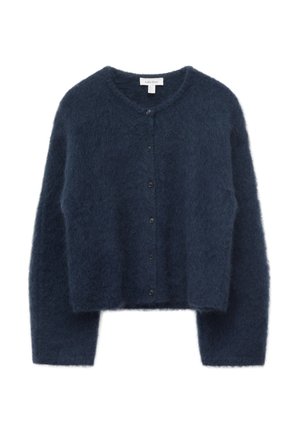 Cardigan peloso blu navy scuro con scollo rotondo, maniche lunghe e chiusura frontale a bottoni.