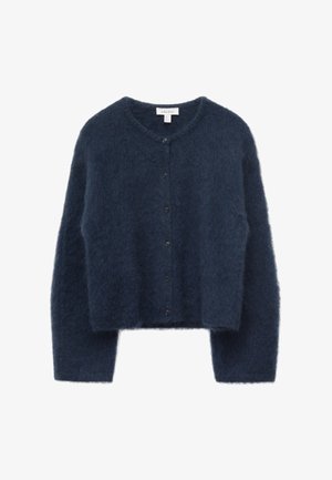 Mørk marineblå, blød cardigan med rund halsudskæring, lange ærmer og knaplukning foran.
