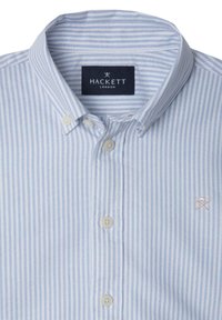Hellblau und weiß gestreiftes Hemd mit Button-Down-Kragen, ausgestattet mit weißen Knöpfen und einem kleinen, rosefarbenen bestickten Logo auf der Brust.