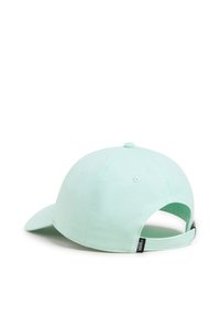 Cappellino da baseball verde menta con visiera curva, cinturino regolabile sul retro e etichetta con logo Vans. Realizzato in tessuto morbido e resistente.