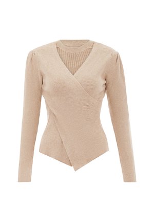 Beige geripptes Strickoberteil mit langen Ärmeln, Wickeloptik, V-Ausschnitt und dezenten Schulterfalten, figurbetonter Taille und asymmetrischem Saumdetail.