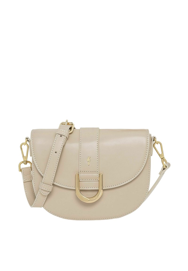 Beżowa skórzana torebka na ramię z klapką, złotymi akcentami i regulowanym paskiem. Zawiera okrągły metalowy detal z klamrą.