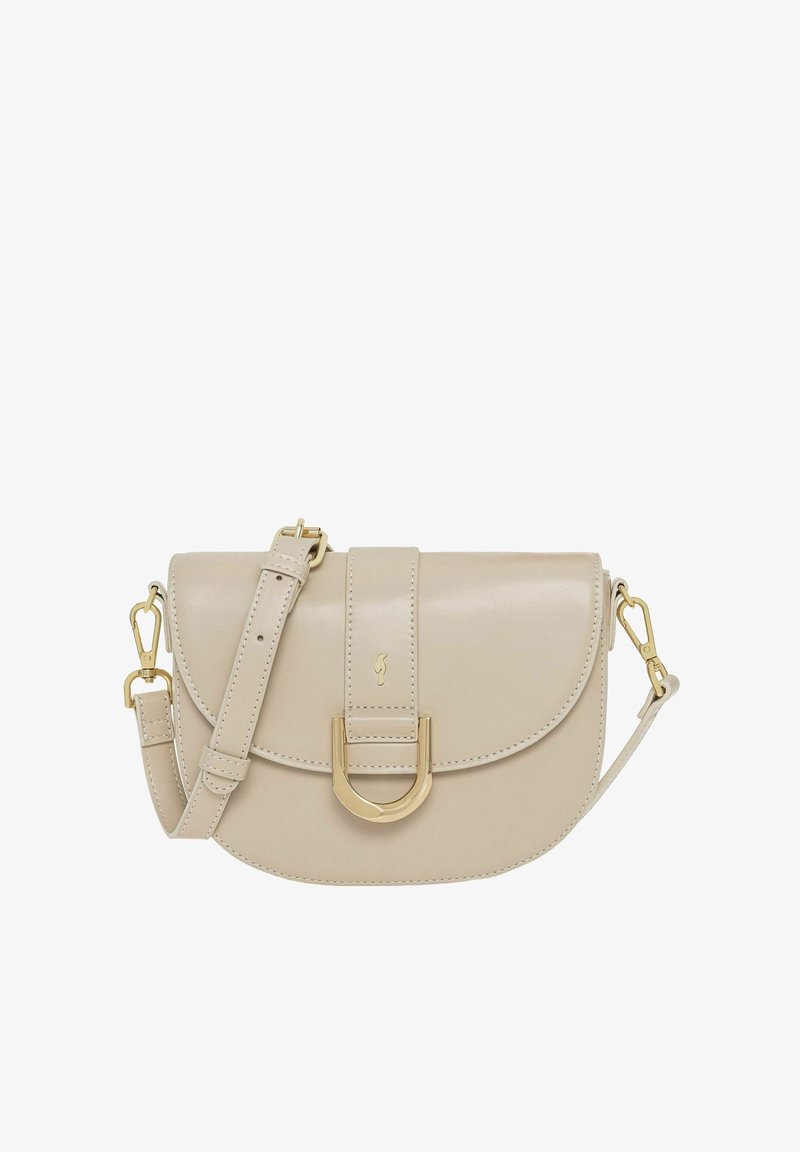 Beżowa skórzana torebka na ramię z klapką, złotymi akcentami i regulowanym paskiem. Zawiera okrągły metalowy detal z klamrą.