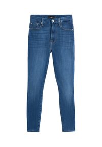 Blå denim skinny jeans med hög midja, fem fickor, knapplåsning och subtila ränder på framsidan av benen.
