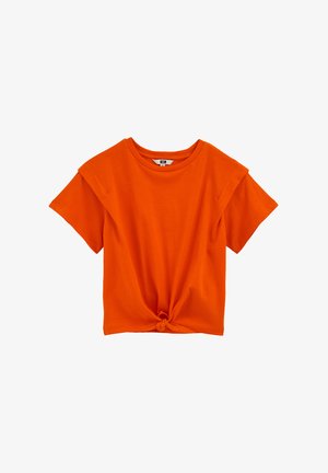 Lyhythihainen, oranssi puuvillainen t-paita, jossa solmittu etuosan muotoilu. Pyöreä pääntie ja rento istuvuus, sileä pinta ilman kuvioita tai korostuksia.