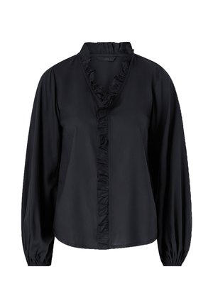 Black blouse made of smooth fabric, featuring a ruffled V-neckline, long sleeves with gathered cuffs, and a straight hemline.