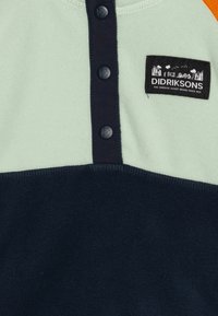 Pullover in pile con parte superiore verde menta, sezione inferiore blu navy e dettagli arancioni. Presenta bottoni scuri e una toppa con logo.