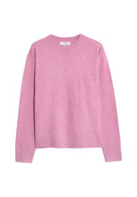 Maglione rosa lavorato a maglia con collo rotondo, maniche lunghe, polsini e orlo a coste, caratterizzato da una texture morbida e una vestibilità rilassata.