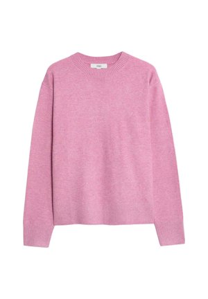 Rosa gestrickter Pullover mit Rundhalsausschnitt, langen Ärmeln, gerippten Bündchen und Saum, mit einer weichen Textur und entspannter Passform.