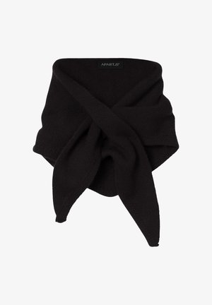 Schwarzer gestrickter dreieckiger Schal mit einer strukturierten Musterung und einem kleinen schwarzen Etikett mit der Aufschrift "APART" an einer Kante.