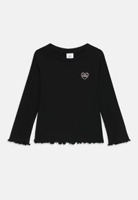 Black ribbed long-sleeve top with frilled cuffs and hem, featuring a heart-shaped GAP logo in pink on the left chest.