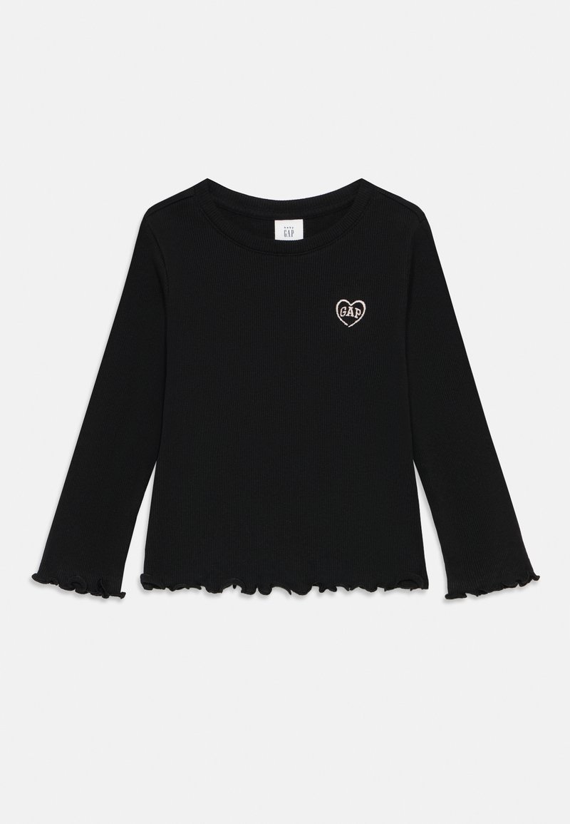 Black ribbed long-sleeve top with frilled cuffs and hem, featuring a heart-shaped GAP logo in pink on the left chest.