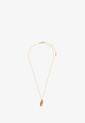 Gold necklace with a fine chain and a colorful owl pendant featuring detailed accents in green, orange, and brown. Adjustable clasp closure.