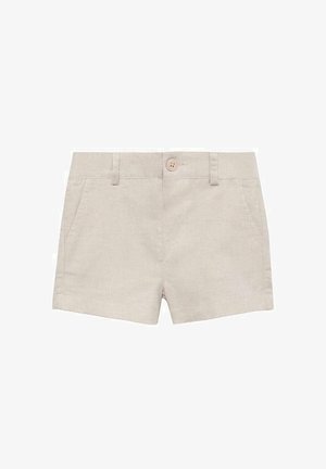 Pantaloni scurți de culoare bej deschis, dintr-un amestec de in, având închidere frontală cu buton, două buzunare laterale și o croială adaptată.