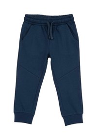 Pantalon de survêtement bleu marine en mélange de coton doux, doté d'une ceinture élastique, d'un cordon de serrage, de deux poches latérales et de poignets côtelés.