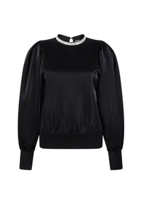 Zwarte satijnen top met lange mouwen, een getailleerde bodice, volumineuze mouwen en een met juwelen versierde kraag, met een discrete sluiting aan de achterkant.